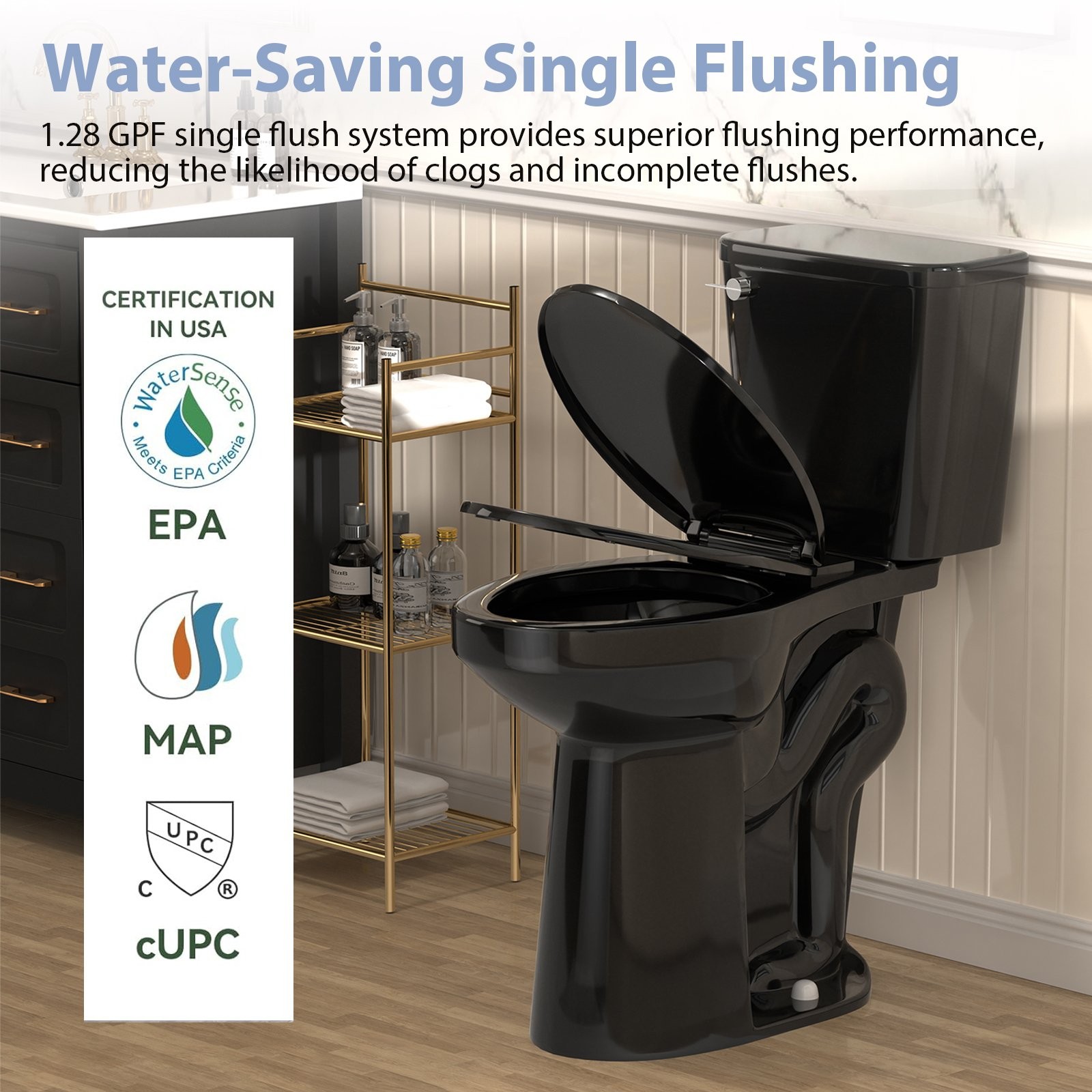 Elongated Two Piece Toilet with 21'' Height Seat Single Flush 1.28 GPF Black