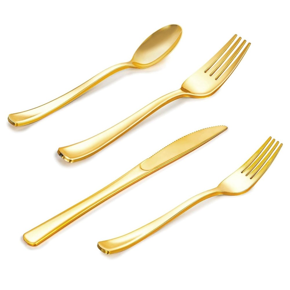 60PCS Gold Plastic Silverware Heavy Duty Plastic Cutlery Set Gold Silverware ...