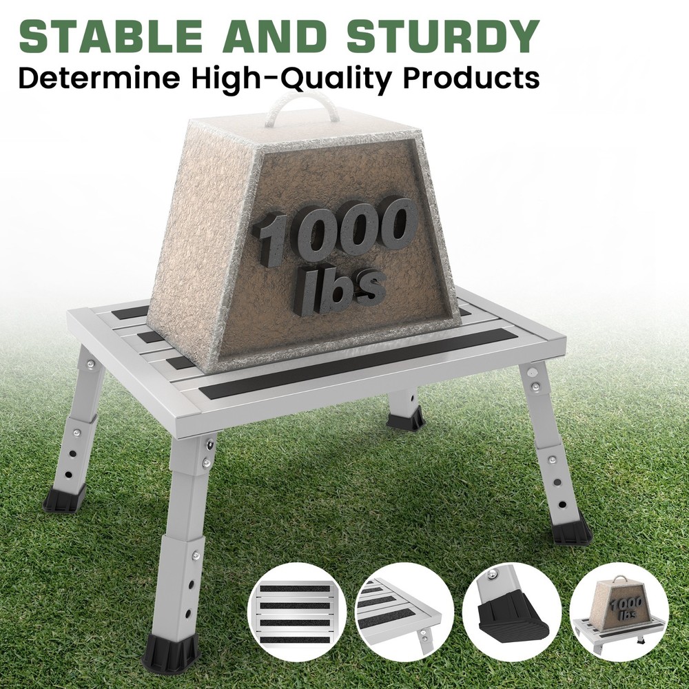 Adjustable Height Aluminum RV Step, Stable Foldable Platform Step Stool,Silver