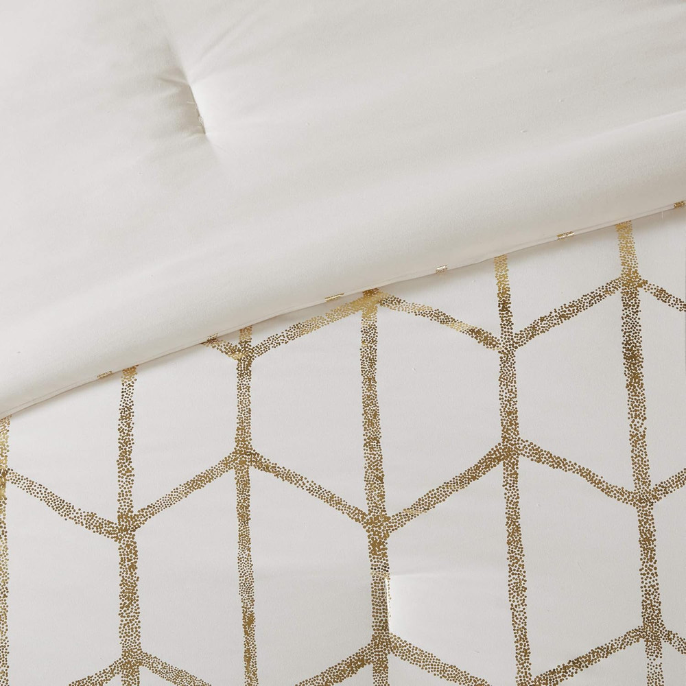 Raina King/Cal King Comforter Set, Soft Microfiber, Modern Geometric Metallic Be
