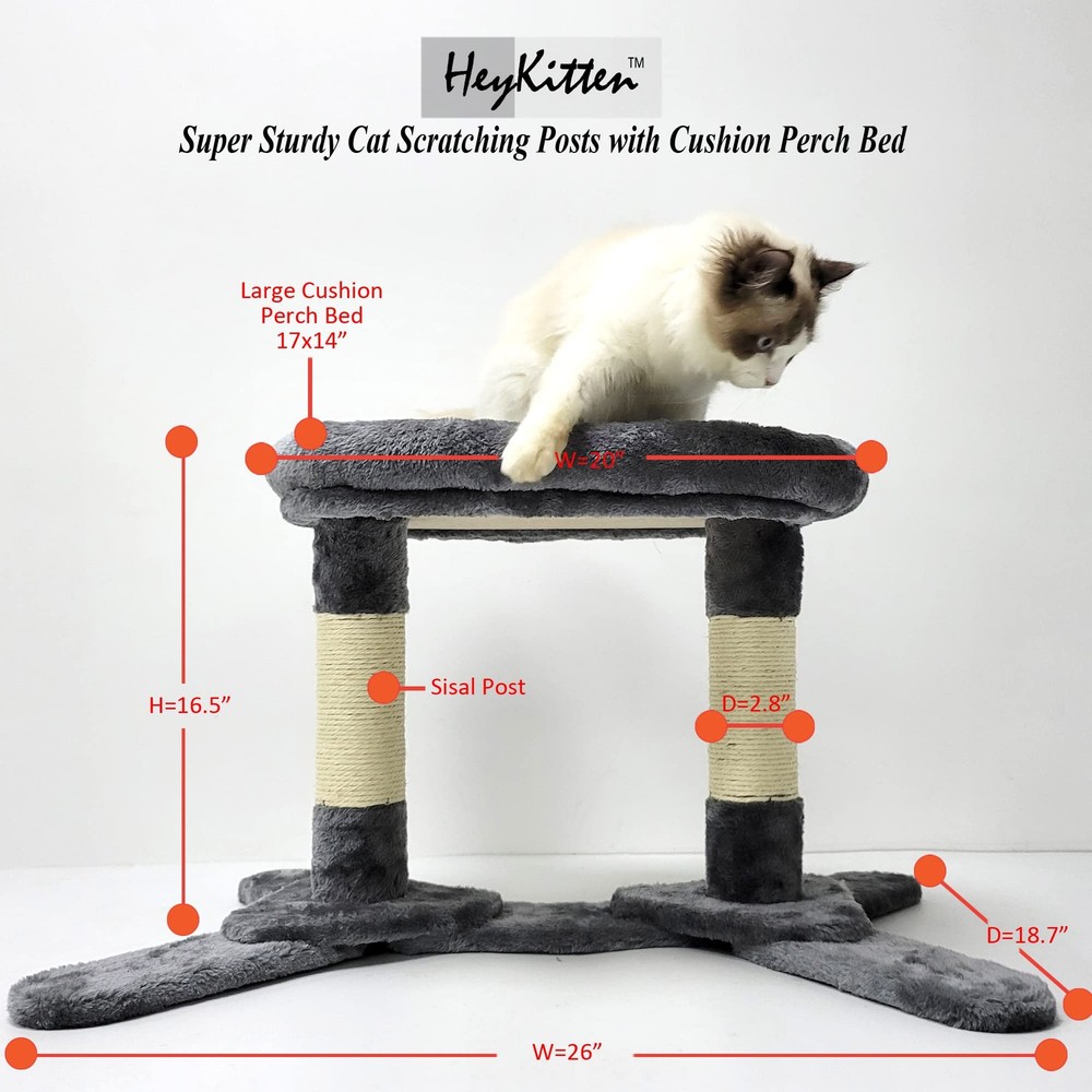HeyKitten Elevated Cat Cushion Perch Bed with Scratching Posts Sturdy Base fo...