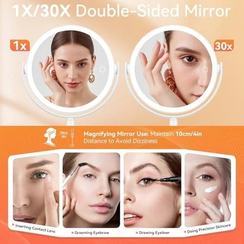 Makeup Mirror with Lights, Double Sided 30X/1X Magnifying Mirror with Light,