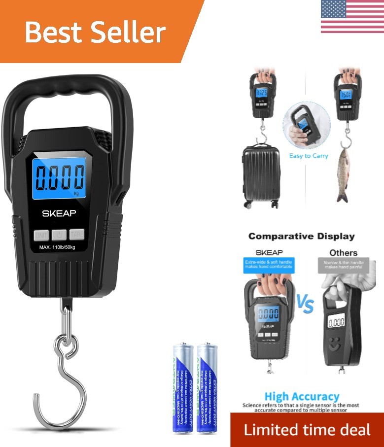 110lb Digital Fish Scale - Backlit LCD, Smart Data Lock & Comfortable Handle