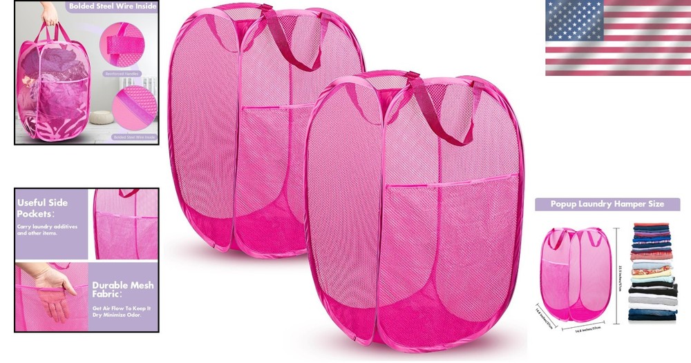 Compact Pink Mesh Laundry Hamper Set - Effortless Organizing for Any Setting