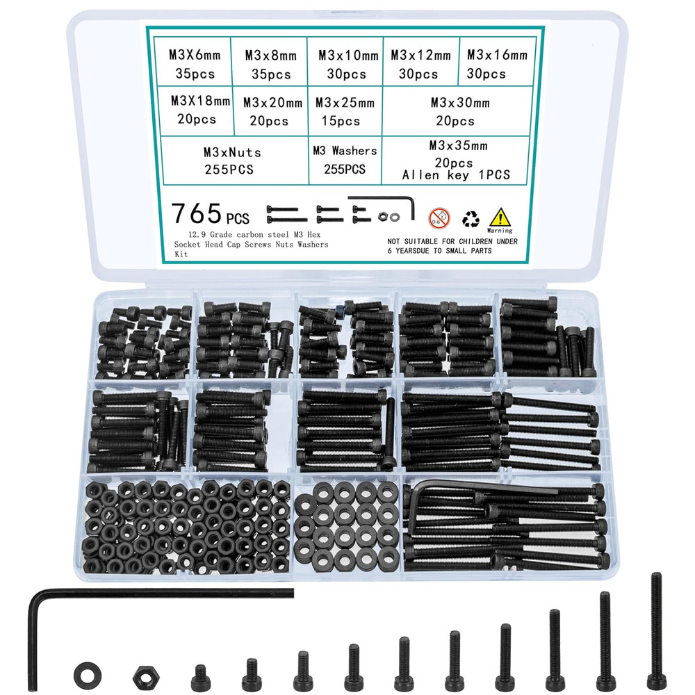 765 Pcs M3 Screw Assortment Kit Hex Socket Cap Screws Nuts Washers Set