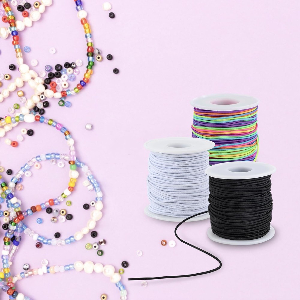 Elastic String for Bracelets, 4 Rolls Black and White Black,