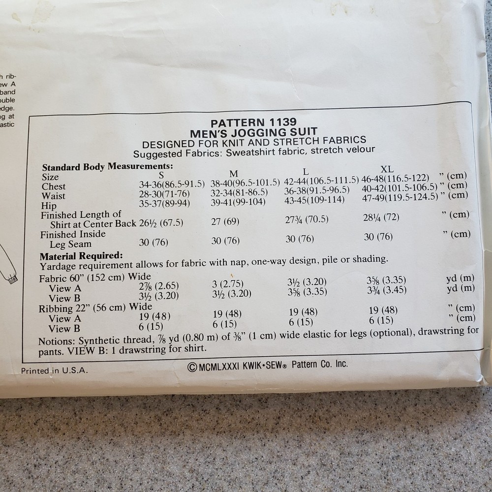 Kwik Pattern 1139 Jogging Suit Uncut