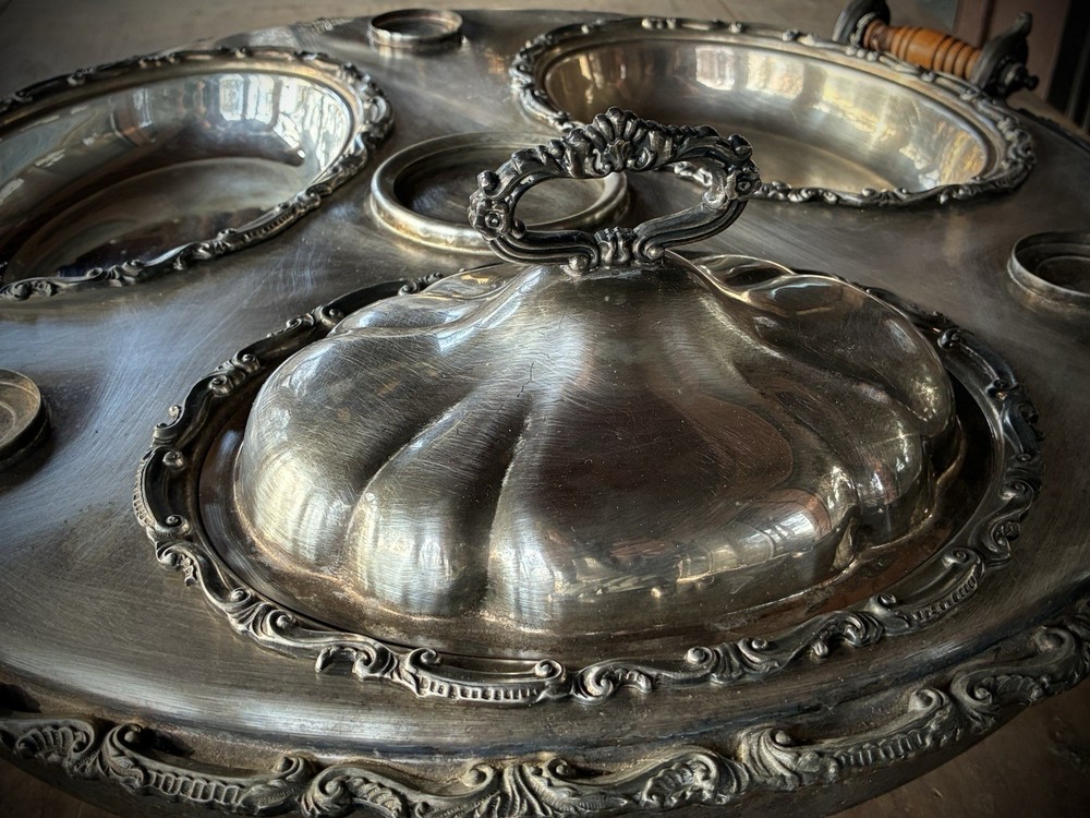 Large Birmingham Silver Plate Lazy Susan Hot Food Server - 23"