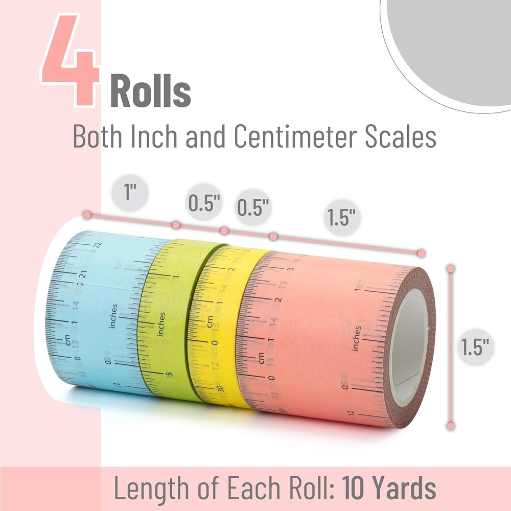 Mr. Pen- Ruler Washi Tape, 4 Pack, Assorted Sizes, Tape Ruler,...