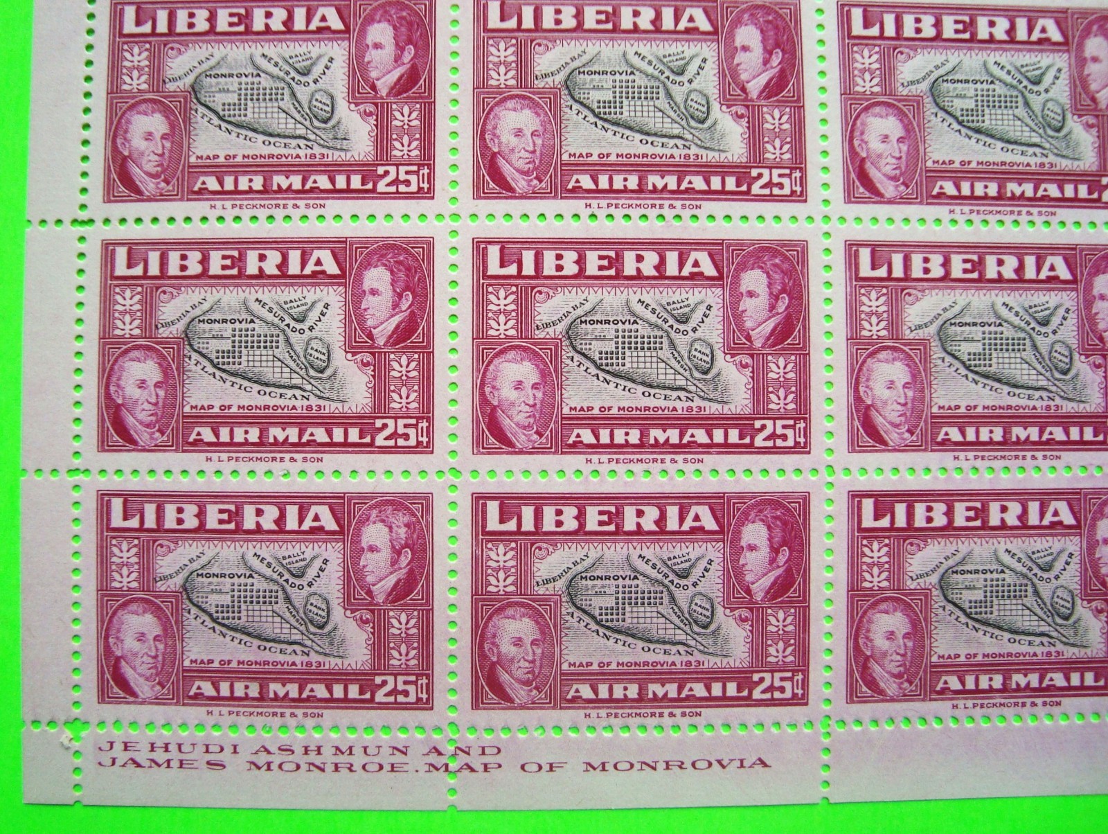 1952 LIBERIA JEHUDI ASHMUN ISSUE FULL SHEET / 20 Monrovia 25-Ct Air Mail Stamps