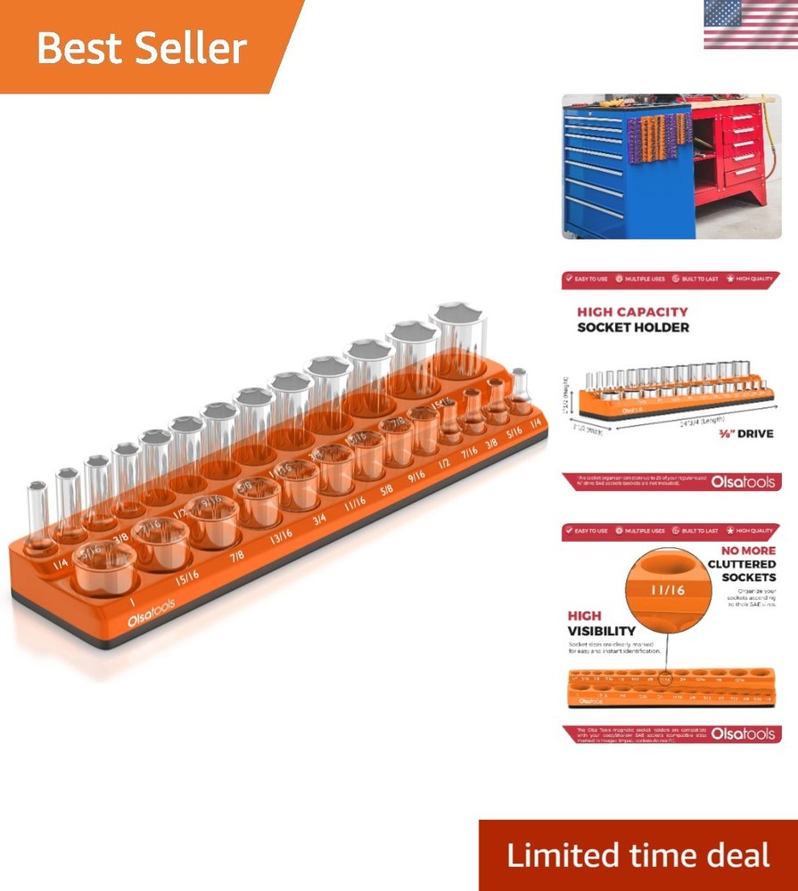 Secure Magnetic Socket Organizer for 3/8-Inch Deep & Shallow Sockets - Orange
