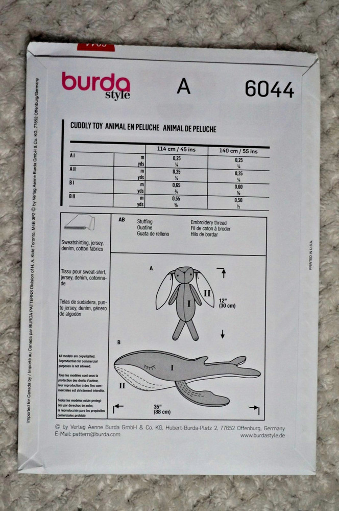 BURDA 6044 Cuddly Toy (Bunny / Whale) Pattern Uncut