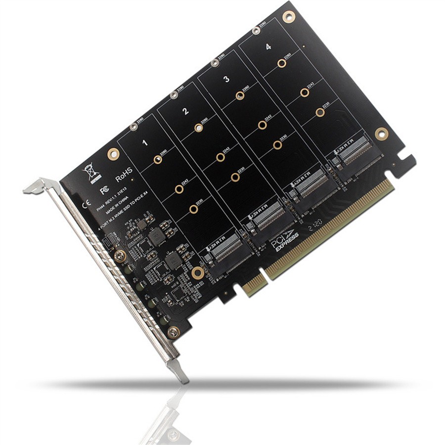 PCIex16 Adaptor Card For Quad M Key M.2 NVMe SSD Support PCI-E Split/ PCI-E RAID
