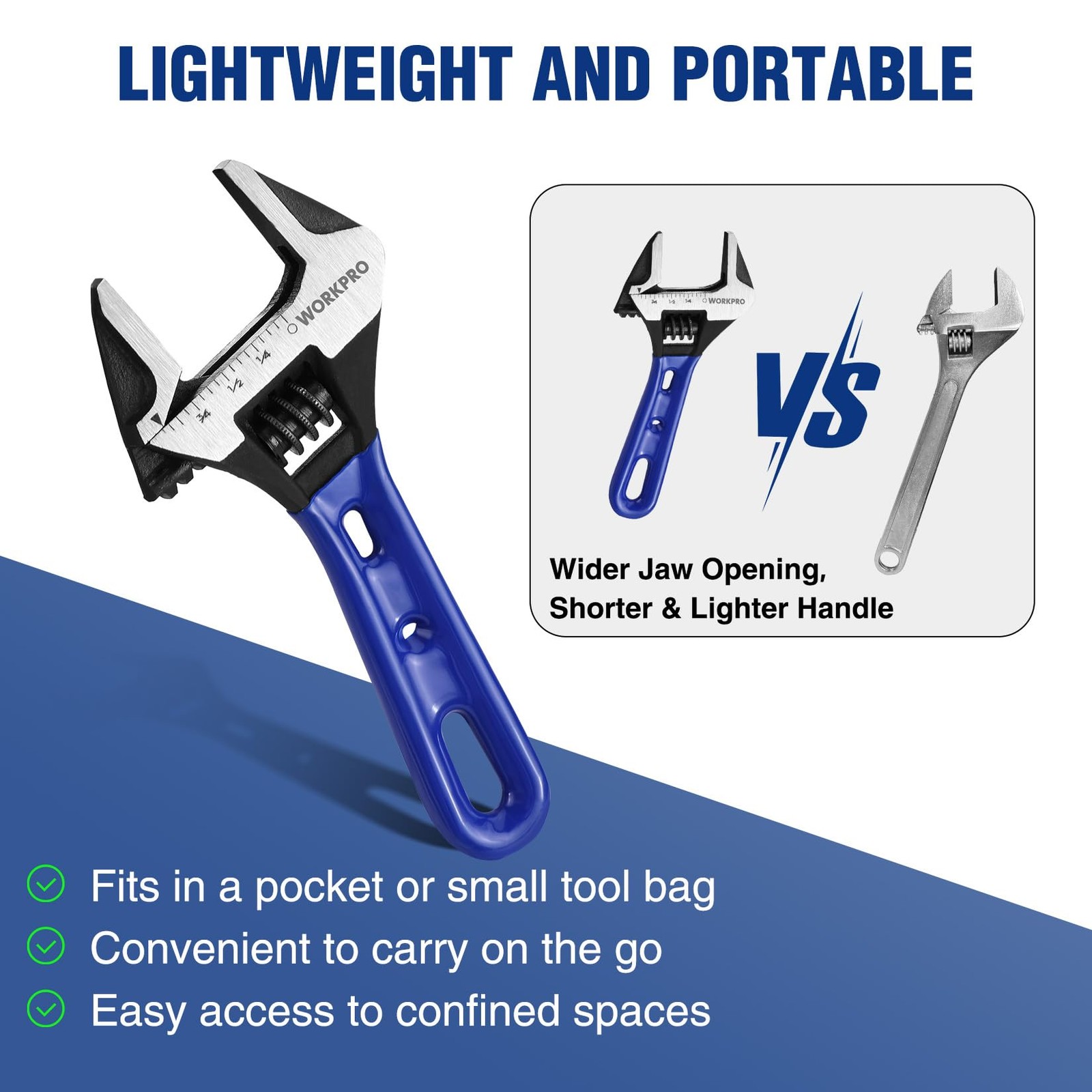 WORKPRO 4-inch Stubby Adjustable Wrench Extra Wide Jaw Opening Wrench Metric/SAE