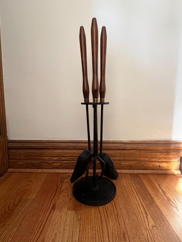 Mid Century Wood & Iron Fireplace Tool Set
