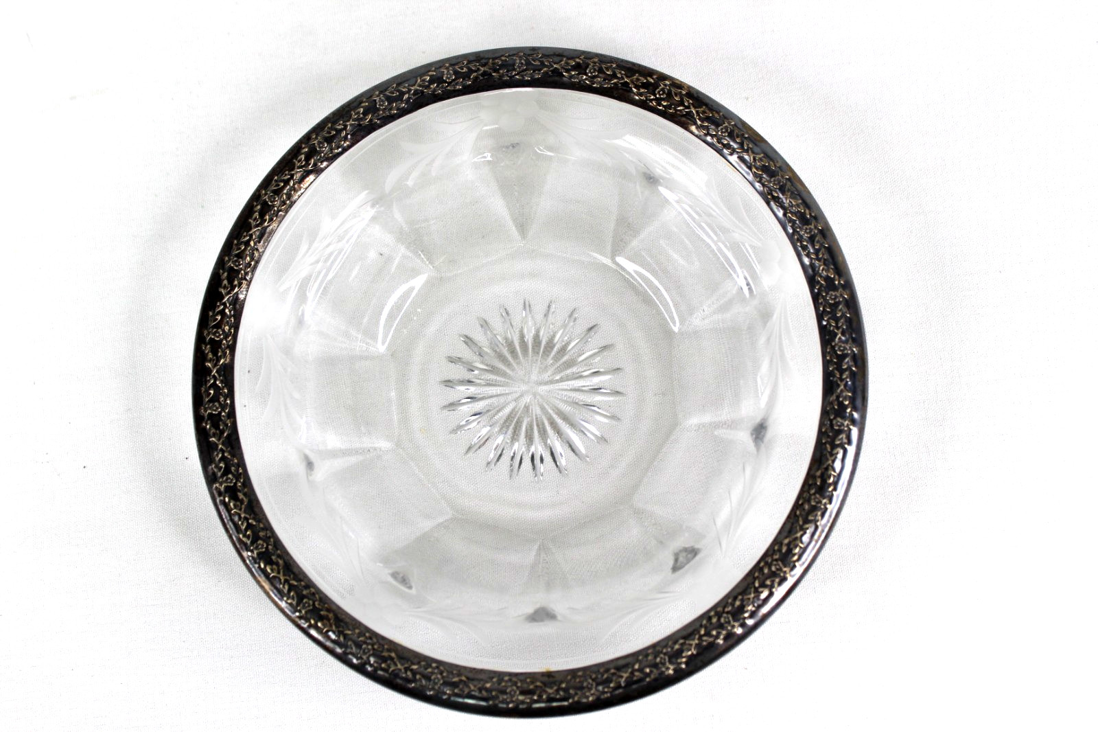 VTG Cut Glass with Sterling Silver Rim Bowl Berry and Leaves Pattern 6 1/2 inch