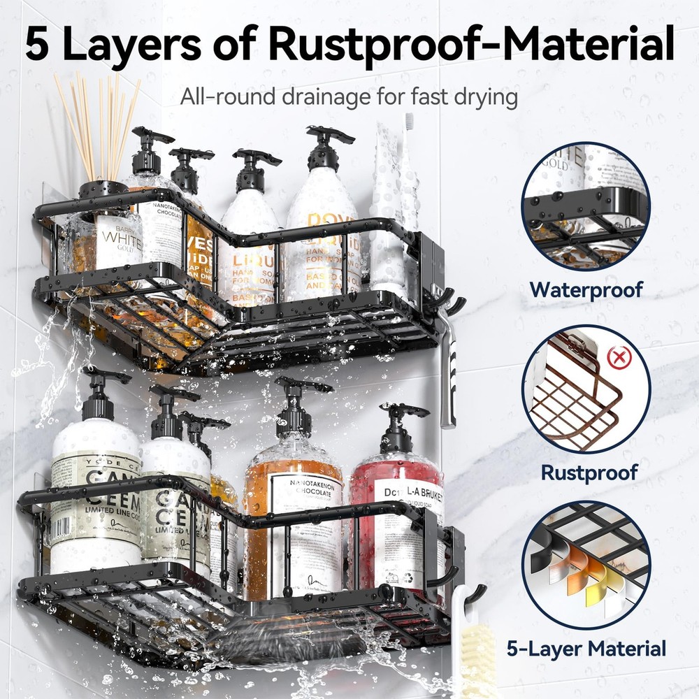 Corner Shower Caddy Organizer, 3-Pack Self-Adhesive Rustproof Bath Shelves wi...