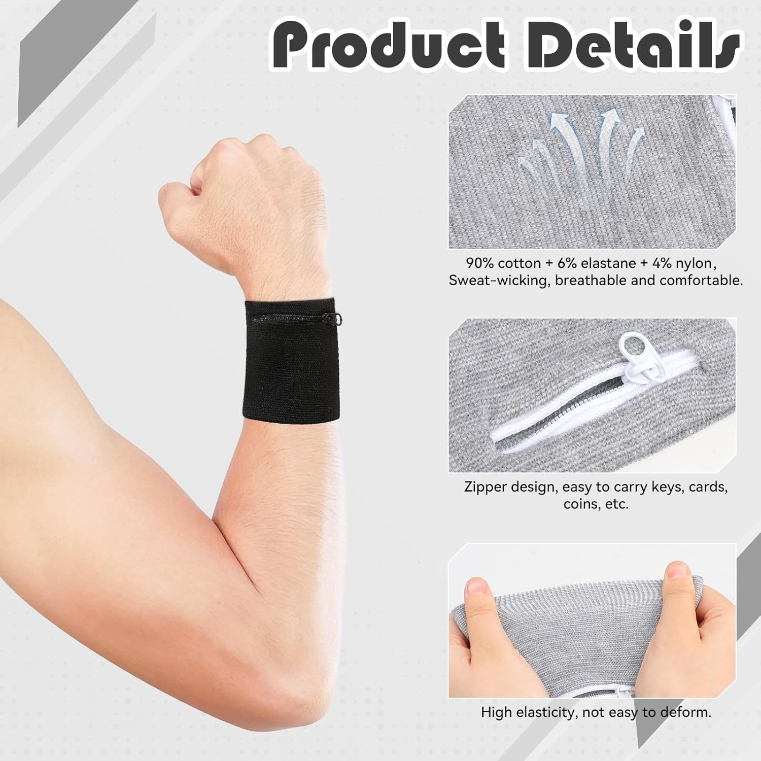 Abeillo 4PCS Wrist Wallet, Wrist Sweat Bands with Zipper, Light Comfortable Spor