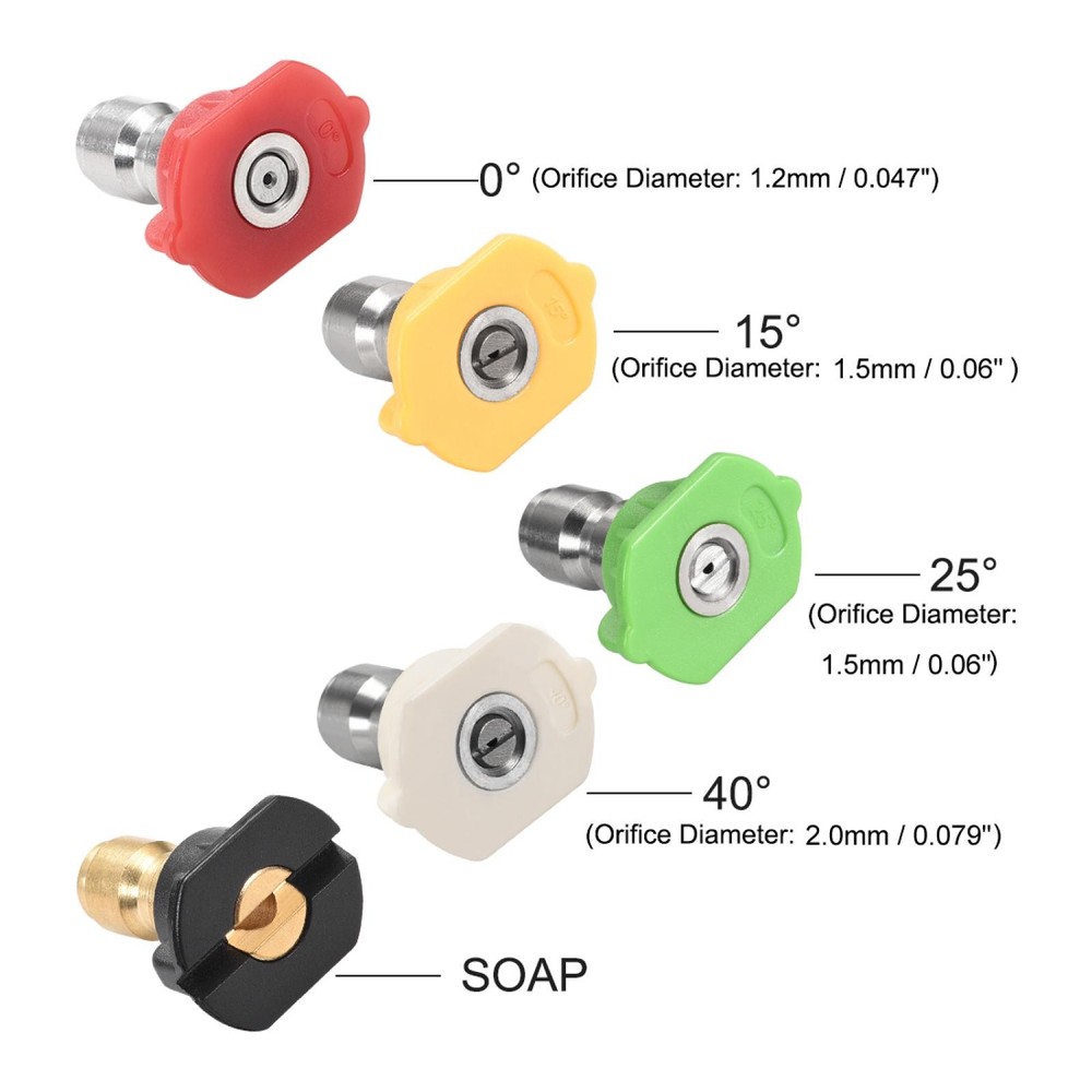 Pressure Washer Spray Nozzle Tip 1/4" Multiple Degrees 1.2mm Orifice Diameter