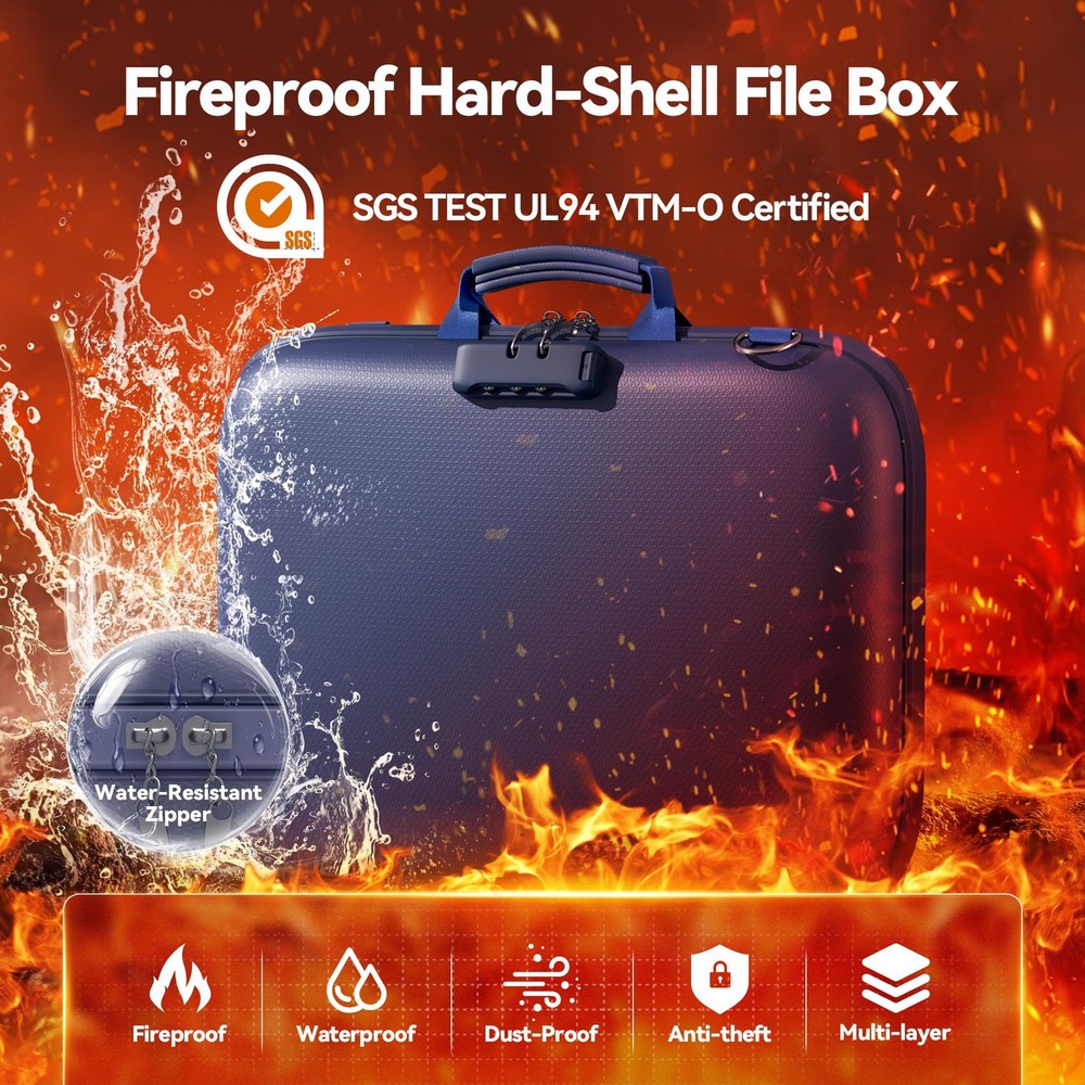 Nacial Fireproof Document Box Lock Shoulder Strap Hard-Shell Fireproof File Orga