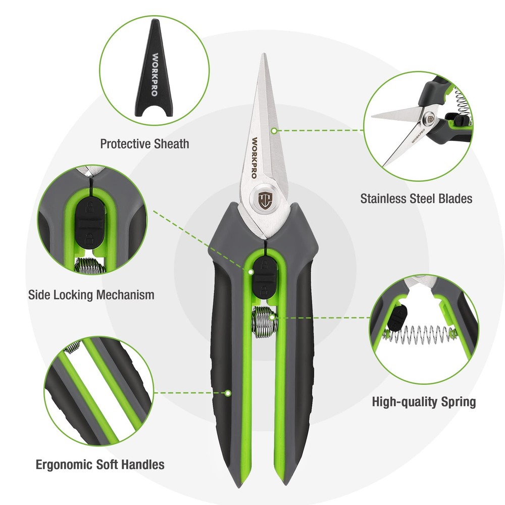 WORKPRO Garden Pruning Shears 2 Pack, 8" Bypass Green, Grey, Black