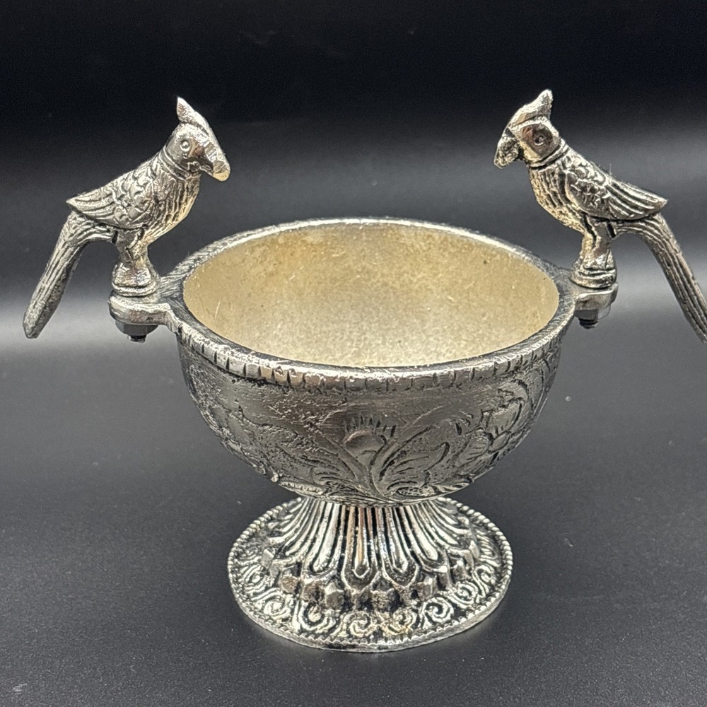 German Silver Bowl With Two Parrots Hand Crafted 3” Dia