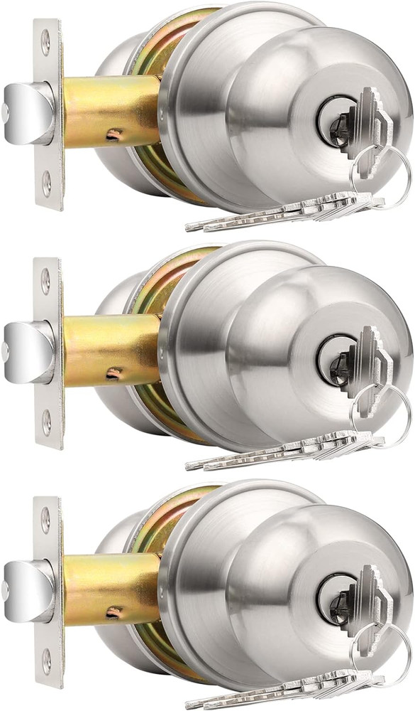 Brushed Nickel One Keyway Ball Door Knobs Entry Lock with Keys, 3 Pack Keyed Ali