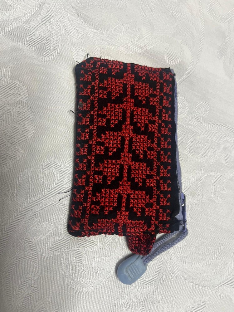 Small Handmade Embroidered Pouch Red Threads Black Fabric Elegant Traditional