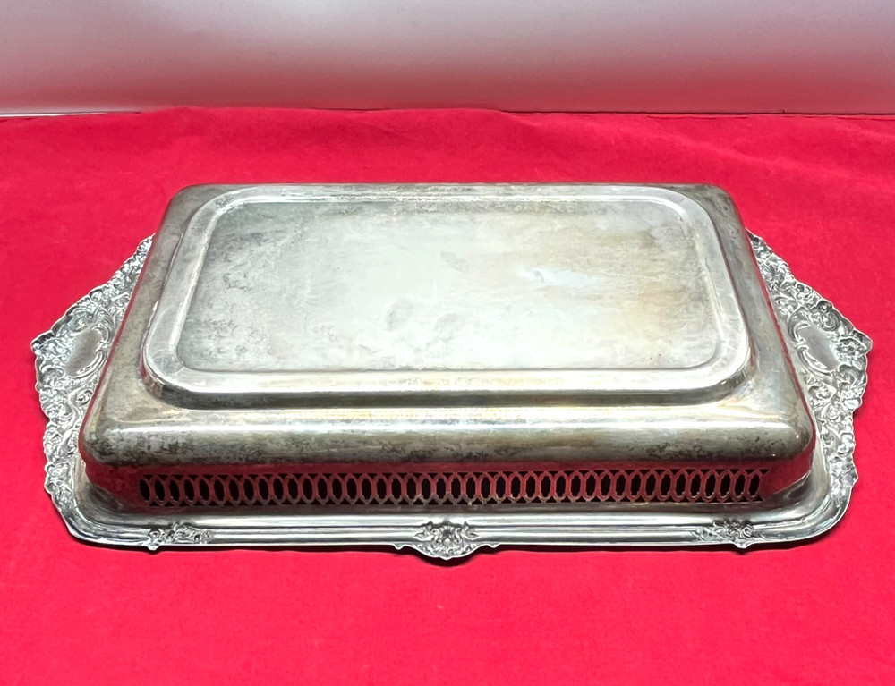 VTG 19" Tarnished Silver Plated Rectangular Butler Serving Tray Pierced Gallery