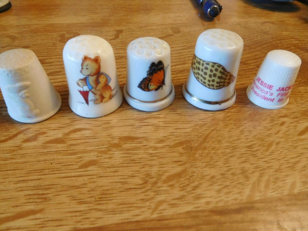 5 vintage  thimbles-Rabbit,teddy bear,butterfly, shell, Jesse Jackson