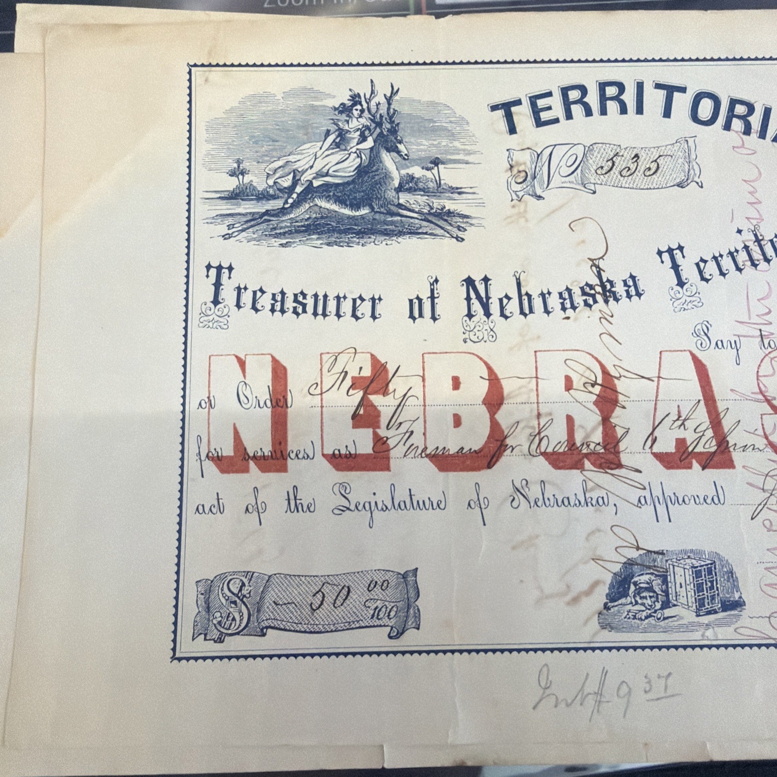 1860 Omaha City - Nebraska Territorial Warrant - $50 Canceled