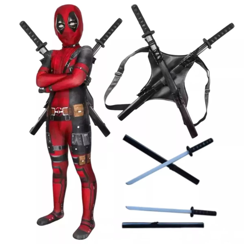 Kids Deadpool Halloween Costume Boy Cosplay Jumpsuit Bodysuit With Backbag Sword