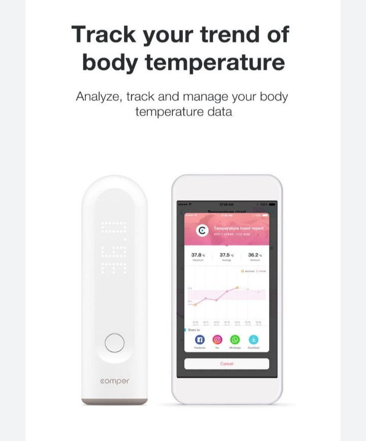 Comper Non Contact Thermometer, with Smart App, Bluetooth Connection, Good Cond.