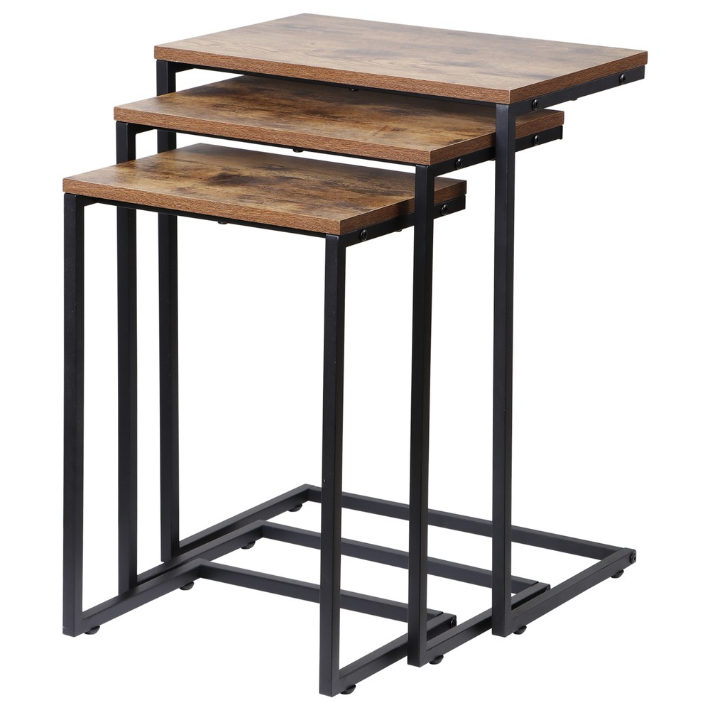 Nesting Coffee Table Set of 3 Stacking C-Shape Accent End Table with Metal Frame