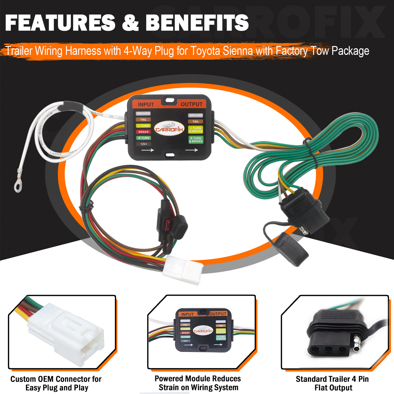 For Toyota Sienna 2021-2026 Vehicle end 4-Way Flat Trailer Hitch Wiring Harness