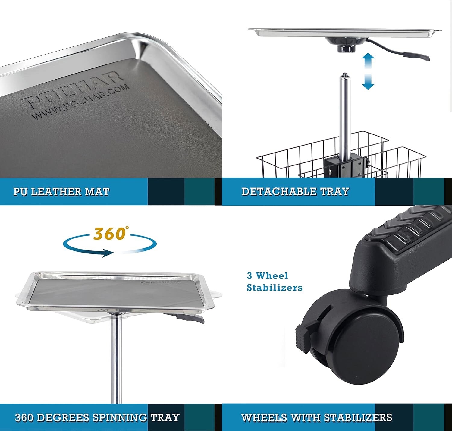 Stainless Steel Instrument Tray on Wheels, Height Adjustable Medical Tray Cart