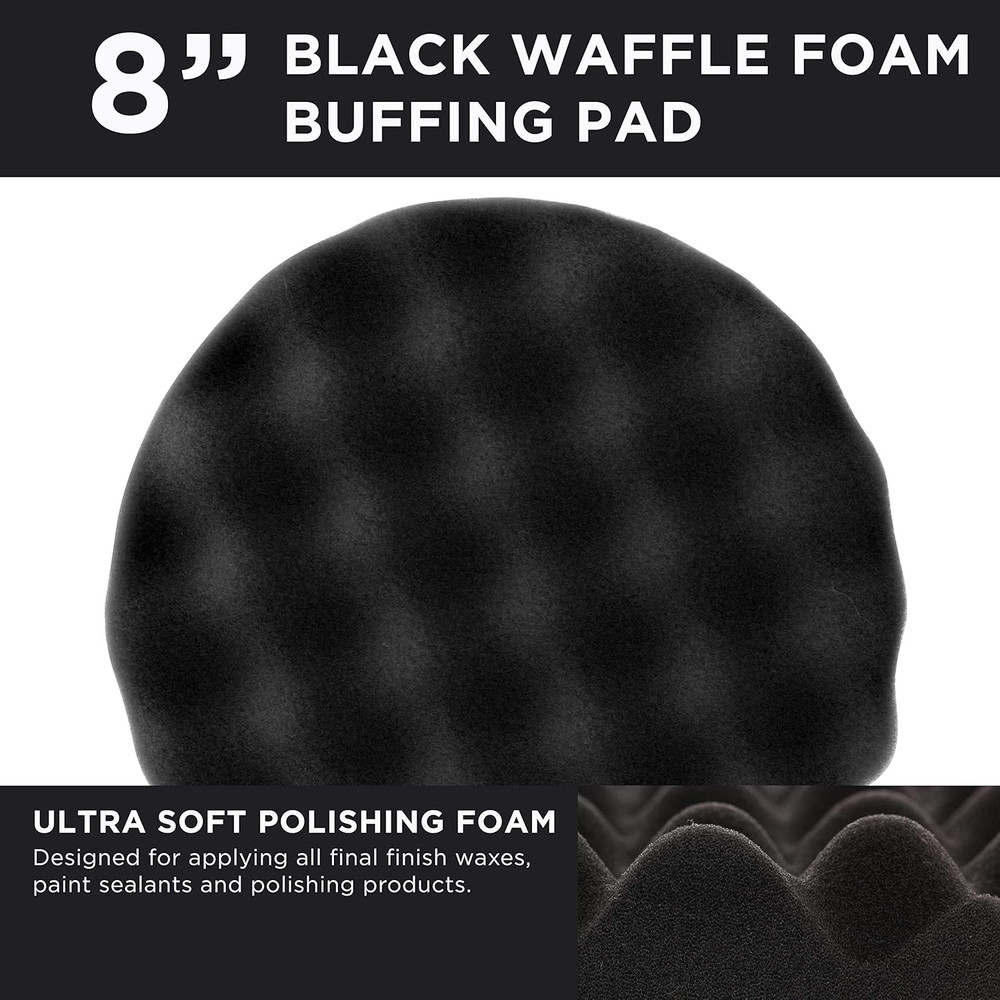 8" Black Waffle Foam Buffing Pad Hook and Loop Backing - Extra Fine Pad for Poli