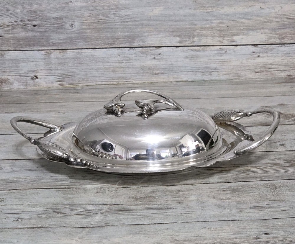 Vintage Silverplate Figural Covered Serving Dish Butter Condiments Glass Insert