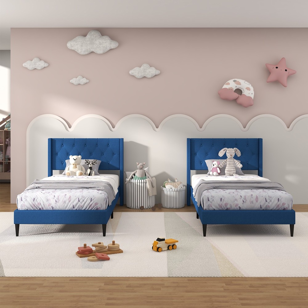Twin Size Upholstered Platform Bed w/ Button Tufted Wingback Headboard Blue