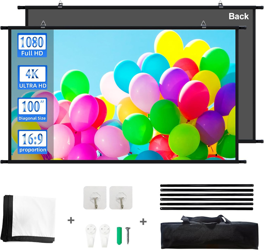 100" 16:9 Projector Screen - 4K HD Indoor/Outdoor Pull Down for Home & Office