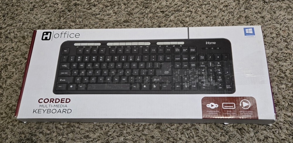 iHome USB Wired Keyboard with Multimedia Controls Plug & Play, New in Box