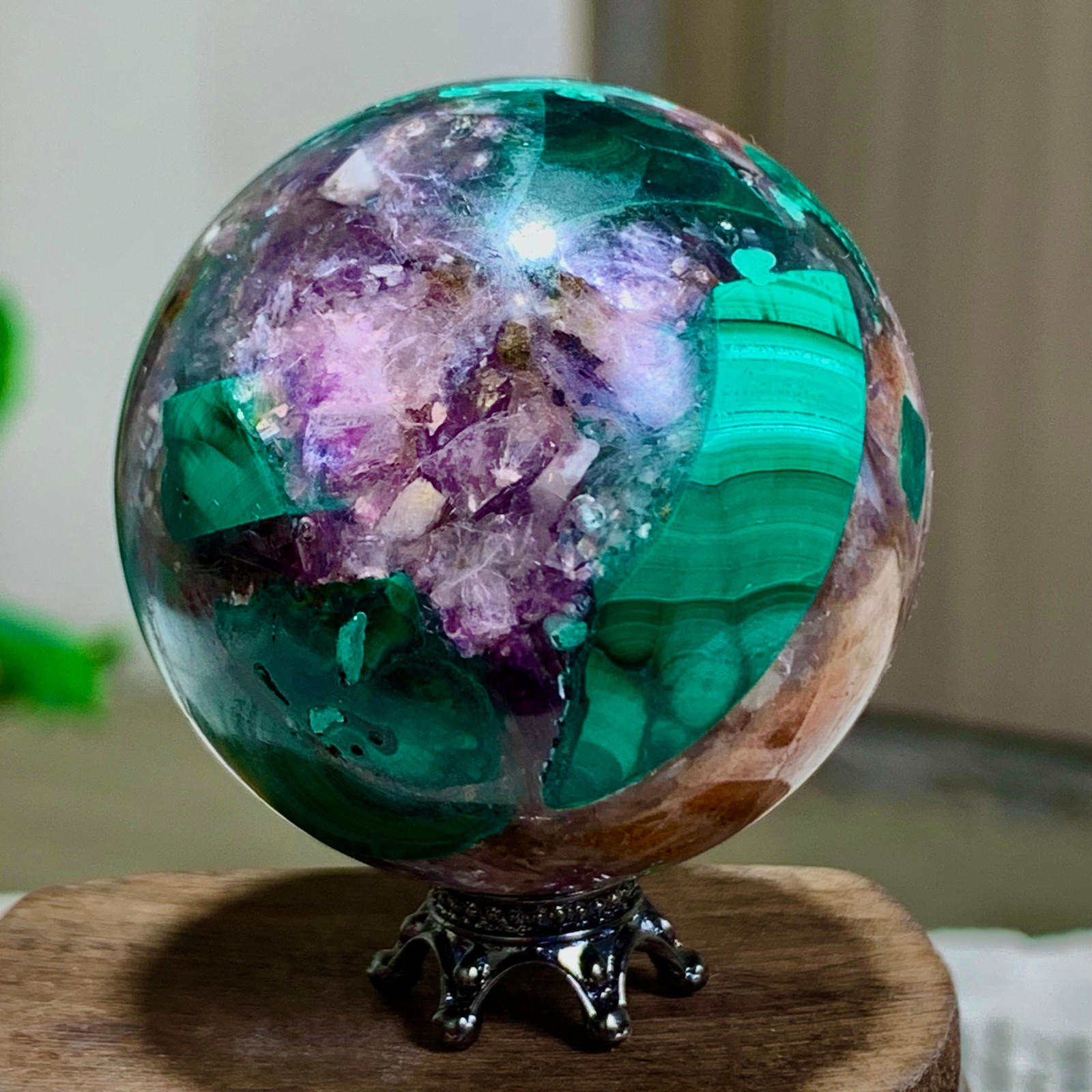 108G Newly discovered rare malachite purple mica symbiotic sphere restoration