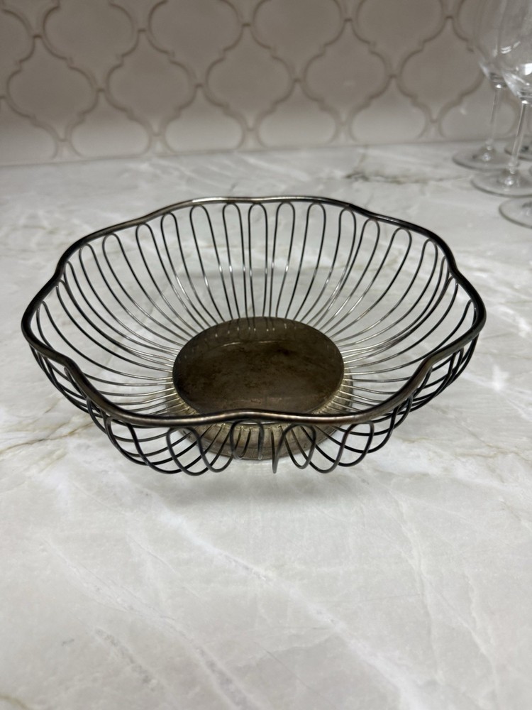 2 Vtg Silver Round Wire Bread Fruit Basket Flower Shape Retro MCM