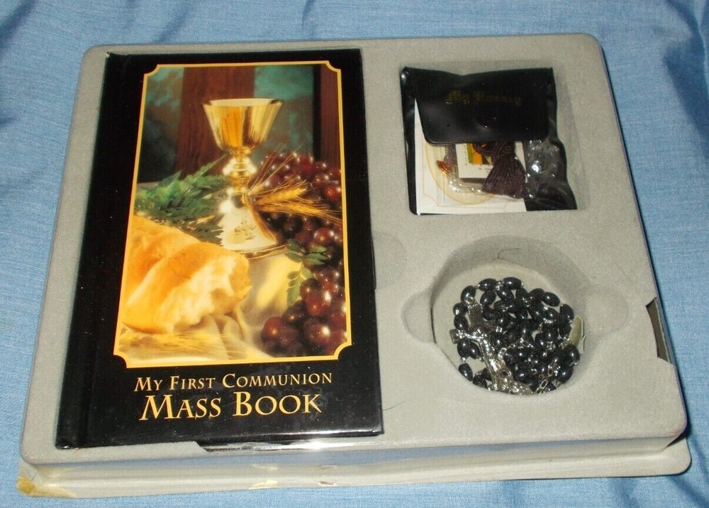 My First Communion GIFT SET Catholic Christian Mass Book, Black Bead Rosary, Mem