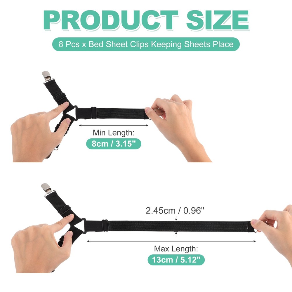 8Pcs Bed Sheet Holder Straps Elastic Adjustable, Black