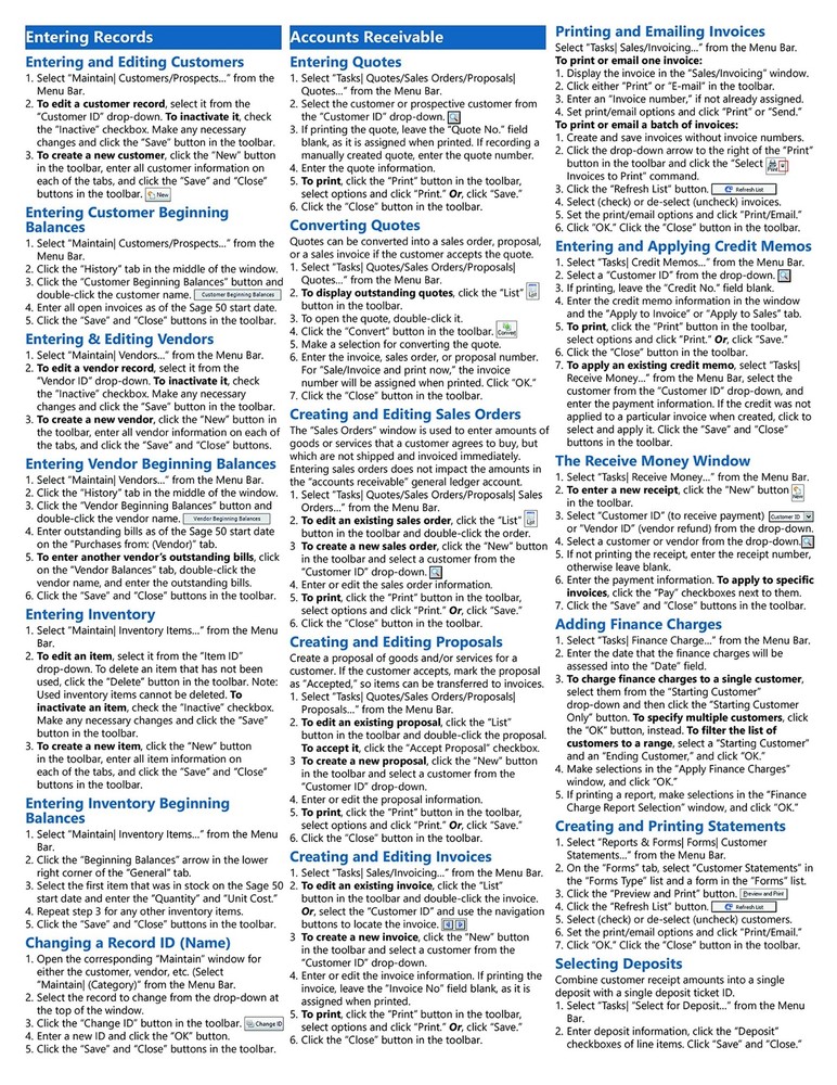 Sage 50 2018 Training Guide Quick Reference Card 4 Page Cheat Sheet Instructions