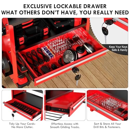Power Tool Organizer Wall Mount with Drill Rack & Locking Drawers - Heavy Red