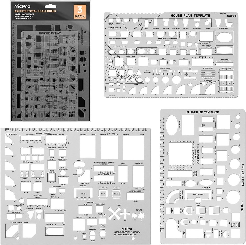 Nicpro Architectural Drafting Tools, 3 PCS Templates for House Plan