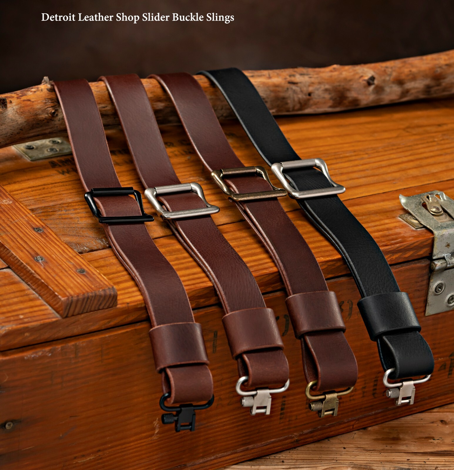 USA Brown Leather Slider Buckle Gun Sling Antique Brass Color Hardware (Model B)