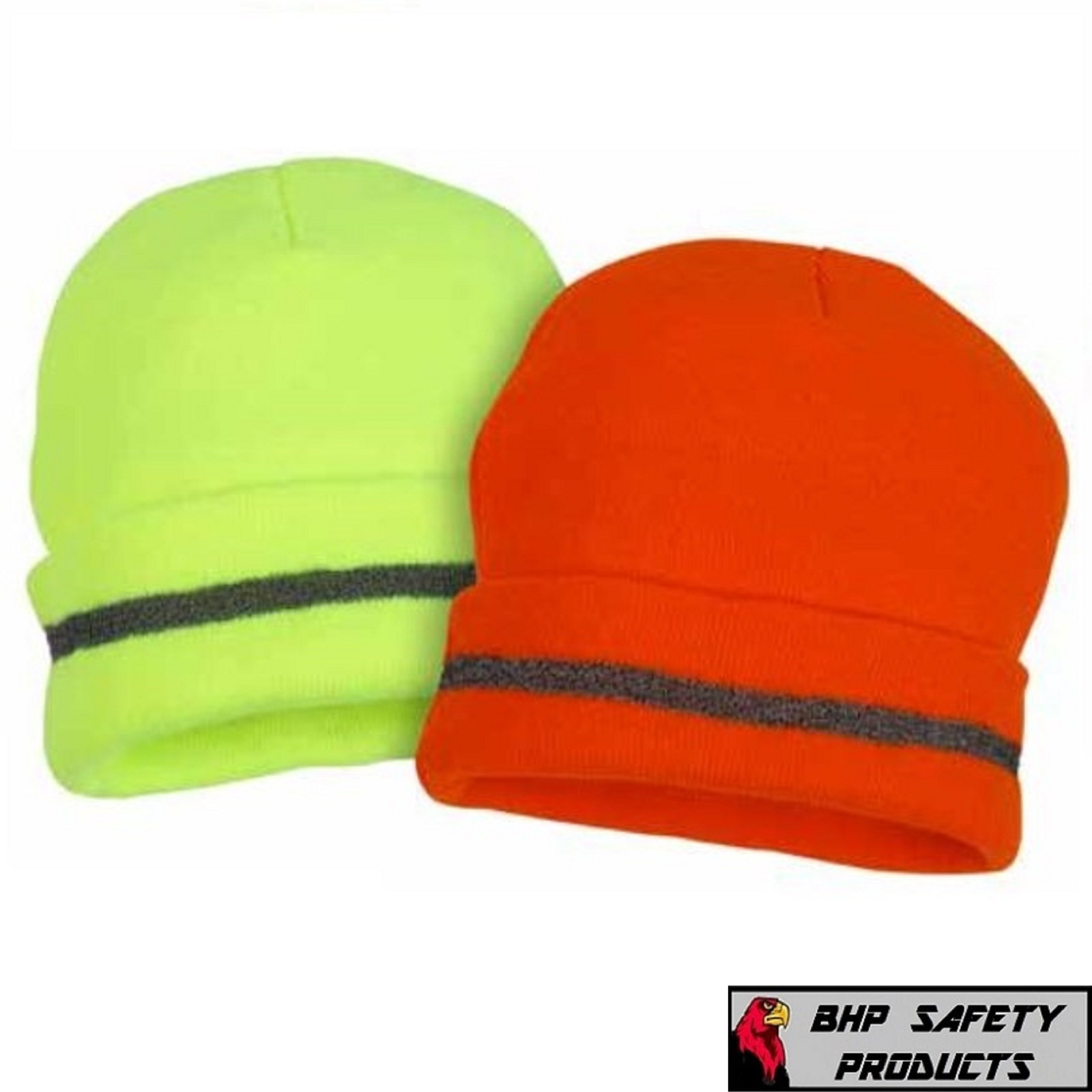 NEON YELLOW OR ORANGE WINTER KNIT SAFETY BEANIE REFLECTIVE CAP HAT (1 EACH)